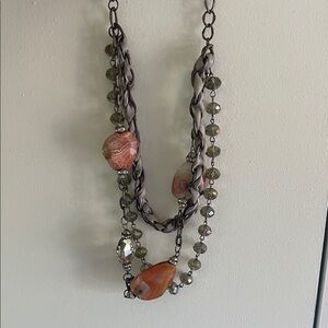 Multi-Layered Pewter Necklace with Orange Stones
